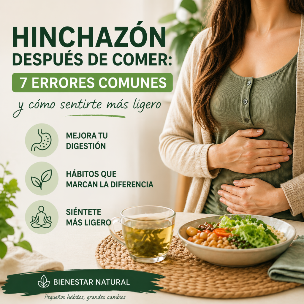 Mujer con las manos en el abdomen tras comer, junto a una infusión y comida ligera